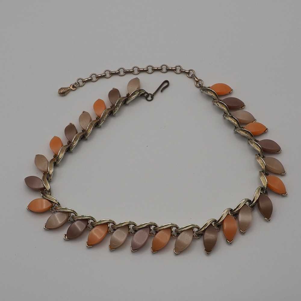 Kramer Choker Necklace Brown Thermoset Leaf Moonglow Gold Tone Link Vintage MCM